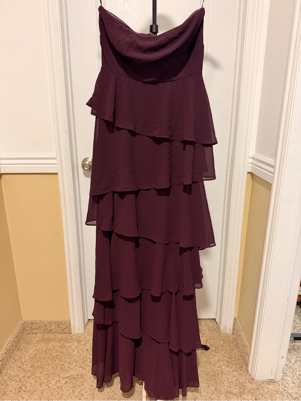 Lulus Plum Burgundy Strapless Tiered Chiffon Maxi Dress - Size S